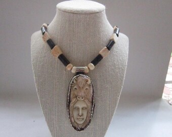 Native Woman & Buffalo Head Carved Bone Silver Bezel Pendant Necklace Trade Buffalo Beaded Jewelry Tribal N114