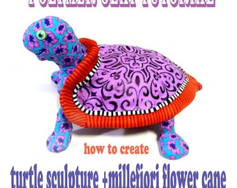 TUTORIAL -Polymer Clay PDF tutorial - how to create polymer clay turtle sculpture and Millefiori flower cane