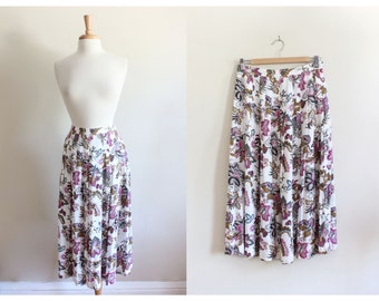Vintage High Waist Pink & White Floral Midi Skirt