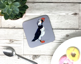 Hand Painted Puffin Bird Coaster - Grey - Puffin Animal Gift - Drinks Mat