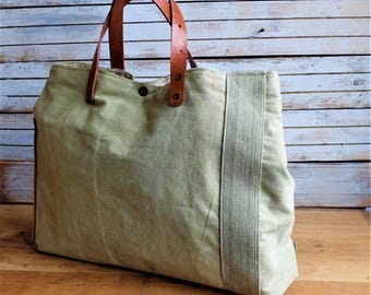 Recycled military canvas bag, oiled cowhide leather antique military Bag