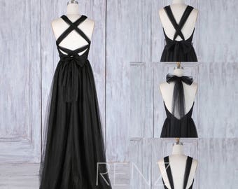 Bridesmaid Dress Black Tulle Dress,Convertible Strap Wedding Dress,Ruched Sweetheart Infinity Party Dress,A Line Multiway Prom Dress(HS472)