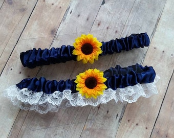 Navy Blue Sunflower Garter Set - One to keep and one to toss! Blue satin white lace / pair / two / rustic / vintage / outdoor / sunflowers