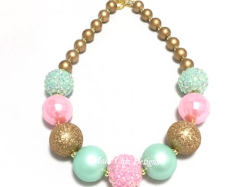 Toddler or Girls Chunky Necklace - Pink, Gold and Mint Chunky Necklace - Princess Chunky Necklace - Unicorn chunky necklace - Girls necklace
