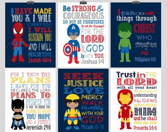 African American Christian Superhero Nursery Art Set of 6 Prints Captain America, Ironman, Hulk, Batman, Wolverine, Spiderman-Multiple Sizes