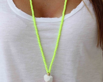 Long Beaded Necklace- Neon Yellow necklace - Hot pink Tassel Necklace