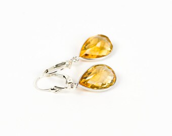 Citrine Earrings, Sterling Silver November Birthstone Earrings, Yellow Gemstone Dangle Earrings