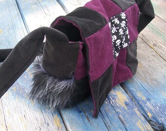 Purple Black Skulls Faux Fur Patchwork Recycled Corduroy Crossbody Purse