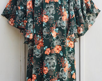 Forest Green Angel Sleeve Dress - Long Sleeve Maxi Dress - Flowy 70s Dress - Long Bohemian Dress - 1970s Boho Dress - Floral Hippie Dress