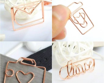 8pcs Rose Gold Paper Clips, Paperclips, Planner Clips, Bookmark, Binder Clip, Love Envelope Camera Coffee, School Office Stationery Supplies