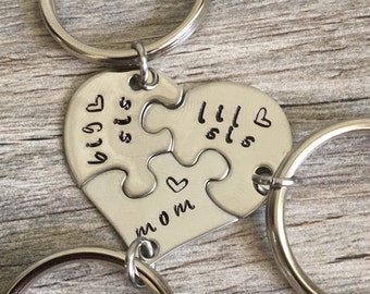 Gift For Mom, Gifts For Mom From Daughters, Mothers Day Gift, Personalized Mom Gift, Hand Stamped heart puzzle piece key chain set, mom