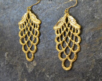 large gold statement earrings - gold lace earrings, sculptural gold earrings, spring jewelry , nature inspired - wedding earrings, organic