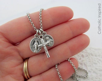 Tiny Scapular & Miraculous Medal Crucifix - Stainless Steel Chain - Our Lady Necklace Mount Carmel Sacred Heart - Mini Dainty Small Catholic