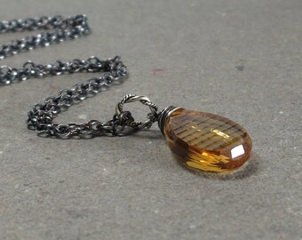 Citrine Necklace Pendant Checkerboard Pattern Oxidized Sterling Silver November Birthstone Large Gemstone