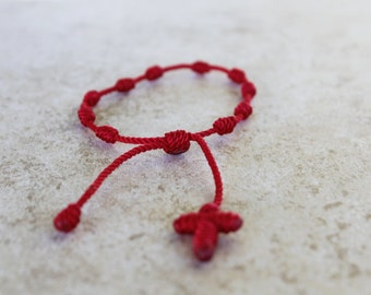 Red bracelet , red string bracelet ,decenario bracelet,cross bracelet,handmade bracelet,rosary bracelet,pulsera roja,black rosary