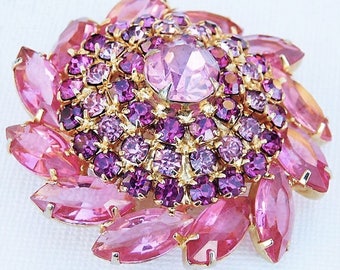 Pink Rhinestone Brooch / Mid Century Fashion Jewelry