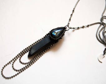 Smoky Quartz Point with Rainbow Labradorite Necklace // Quartz Crystal with Labradorite Statement Necklace