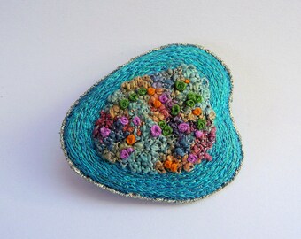 Island brooch - textile art, free motion machine embroidery, unique wearable art