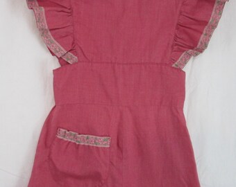 Girls Smock Apron Dress Rose Pink Handsewn Lace Trim Pocket 1960s (#2)