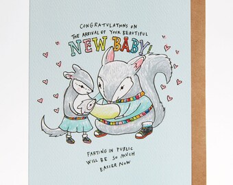 New baby card, funny new baby card, Congratulations baby card, 'Baby fart', handmade, hand drawn