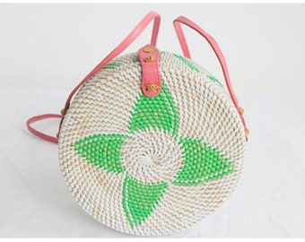 Round straw rattan bag. Woven Straw Bag.