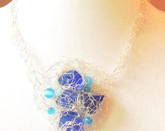 Blue sea glass crochet necklace, Bib necklace, silver wire crochet necklace, sea glass wire crochet, boho sea glass necklace