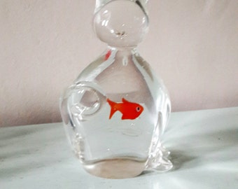 Clear Glass Cat with a Goldfish in its tummy