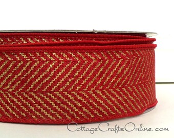 Christmas Wired Ribbon 1 1/2" Red Gold Metallic Chevron Stripe - TWENTY FIVE YARD Roll - Offray "Sullivan" Valentine, Wire Edged Ribbon