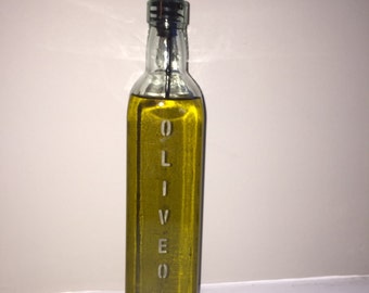 Etched Glass Olive Oil Dispenser, Kitchen Olive Oil Pourer, Olive oil bottle Housewarming Gift