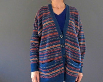 80s Teal Blue Green Fair Isle Knit Wool V Neck Cardigan
