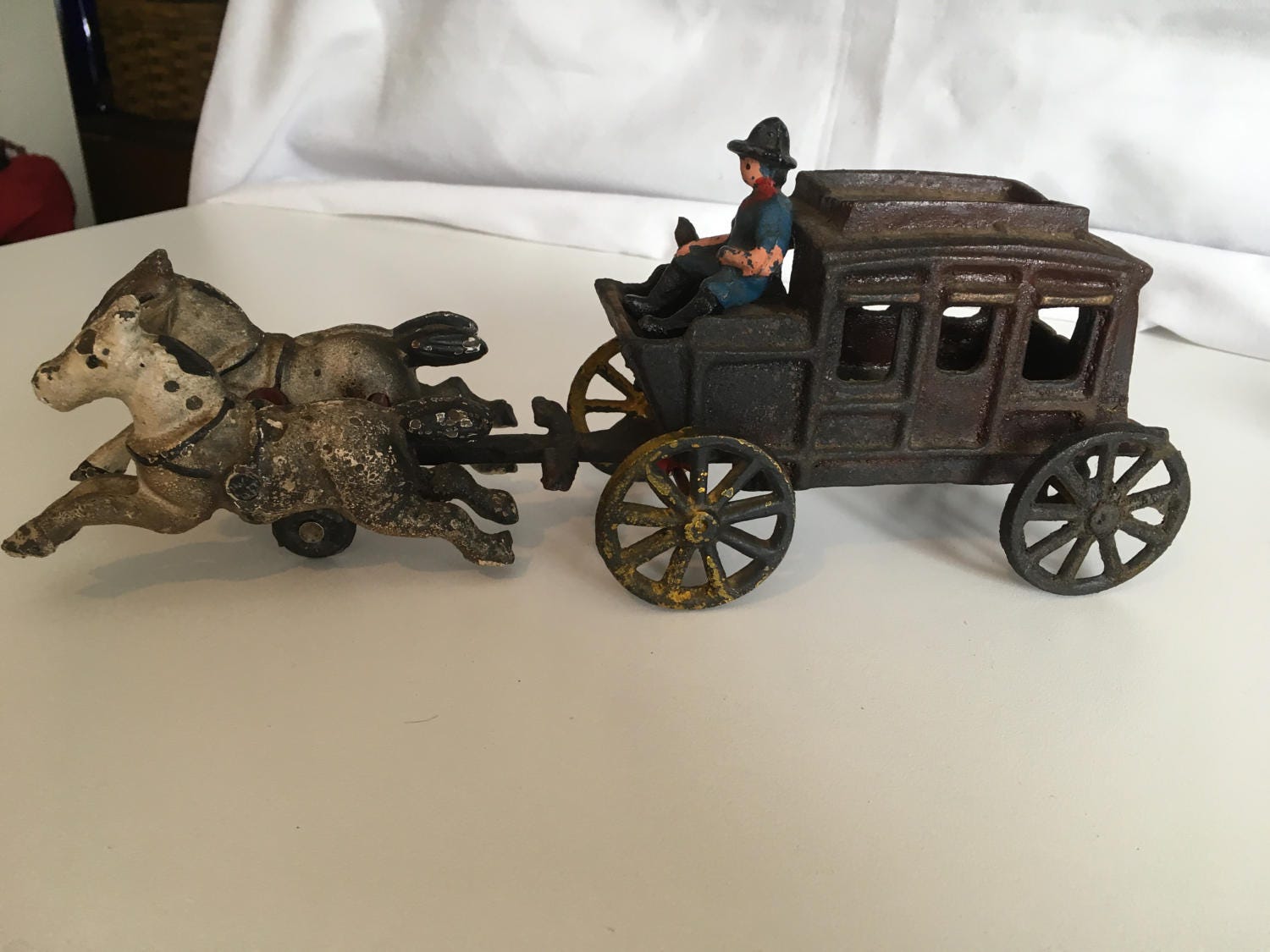 Antique Cast Iron Toy Wagon & Horses with Driver