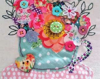 Flower Arrangement in a Tea Cup, Mother's Day Card, Birthday Card, Just Because Card, Hand Stitched Card