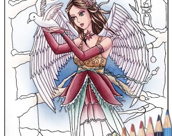 Digital Stamp - Printable Coloring Page - Fantasy Art - Angel Stamp - Neva - by Nikki Burnette - PERSONAL USE