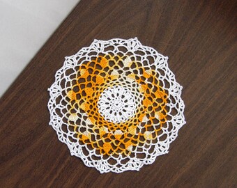 Yellow Spring Decor Crochet Lace Doily, Table Decoration, 9 Inch Doily, Summer Colors, Golden Yellow and White, Cottage Chic Home Decor