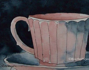 Pink Coffee Cup Original Watercolor Painting ACEO