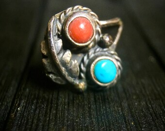 Vintage Native American Sterling Silver/ Turquoise & Coral Ring #324