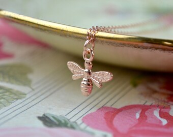 Rose Gold Bee Necklace, Tiny Bee Pendant, Bumble Bee Jewelry, Rose Gold Charm Necklace, Honey Bee Insect, Best Sellers, Wife Gift, For Women
