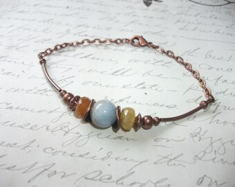 Aquamarine and tourmaline copper bracelet