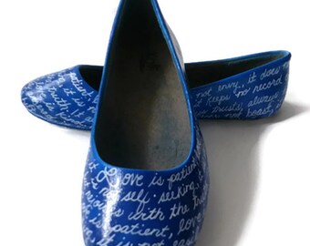 Hand Painted Wedding Shoes / Blue Wedding Shoes / Bible Verse Shoes / Women's Flats / Women's Shoes / Blue Wedding Flats / Custom Made Flats