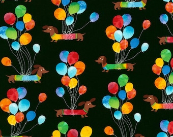 Dogs with Balloons Fabric; C5885; Last piece - 1.5 yards; Timeless Treasures Dog Fabric; Birthday Fabric; Weiner Dogs; Dachshund