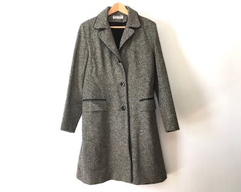 vintage 80s tweed coat leather trim coat gray wool coat womens wool trench coat wool coat mid coat cool coat jacket wool trench coat M
