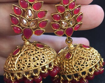 Gorgeous gold plated red Jhumka (Earrings)
