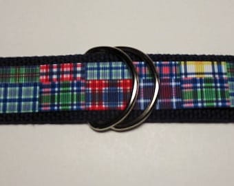 MADRAS PLAID Ribbon Belt / Preppy /Grosgrain / 1.25" Webbing /Red / Blue /Green / White / Womens Belt / Mens/Boys/Girls / S / M / L / D Ring