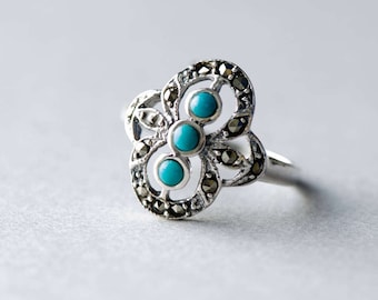 925 Three Stones Boho Ring, Sterling Silver Ring, Marcasite Ring, Turquoise Ring, Statement Ring, Gift For Her