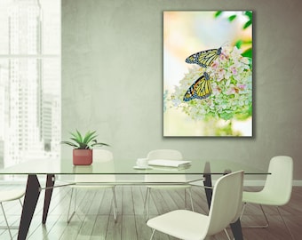 Butterfly Photography - Gallery Wrapped Canvas - 8x12 16x24 24x36 - Butterfly Home Decor - Two Monarch Butterflies Hydrangea Canvas