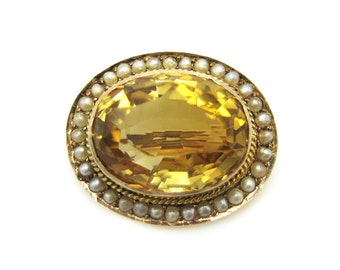 Frederick Marson Fine Citrine & Seed Pearl Brooch Pin 15K Gold Antique Edwardian | November Birthstone | Convert Into A Pendant Necklace