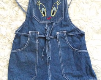 Vintage 80s LOONEY TUNES Tweety Bird Denim Apron Romper Size XS/S