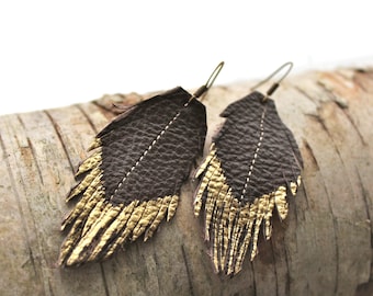Leather Feather earrings- Repurposed Chocolate brown/gold