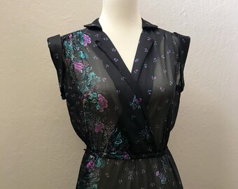 Vintage 1970s Sheer Black Floral Dress / Small