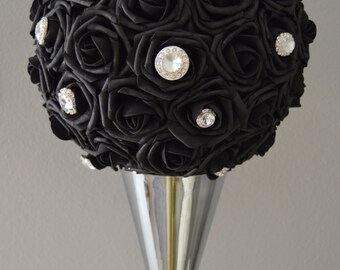 BLACK Kissing Ball with rhinestone brooch. Real Touch Roses. WEDDING CENTERPIECE pomander 5" 6" 7" 8" 10" 12" 14" 16"